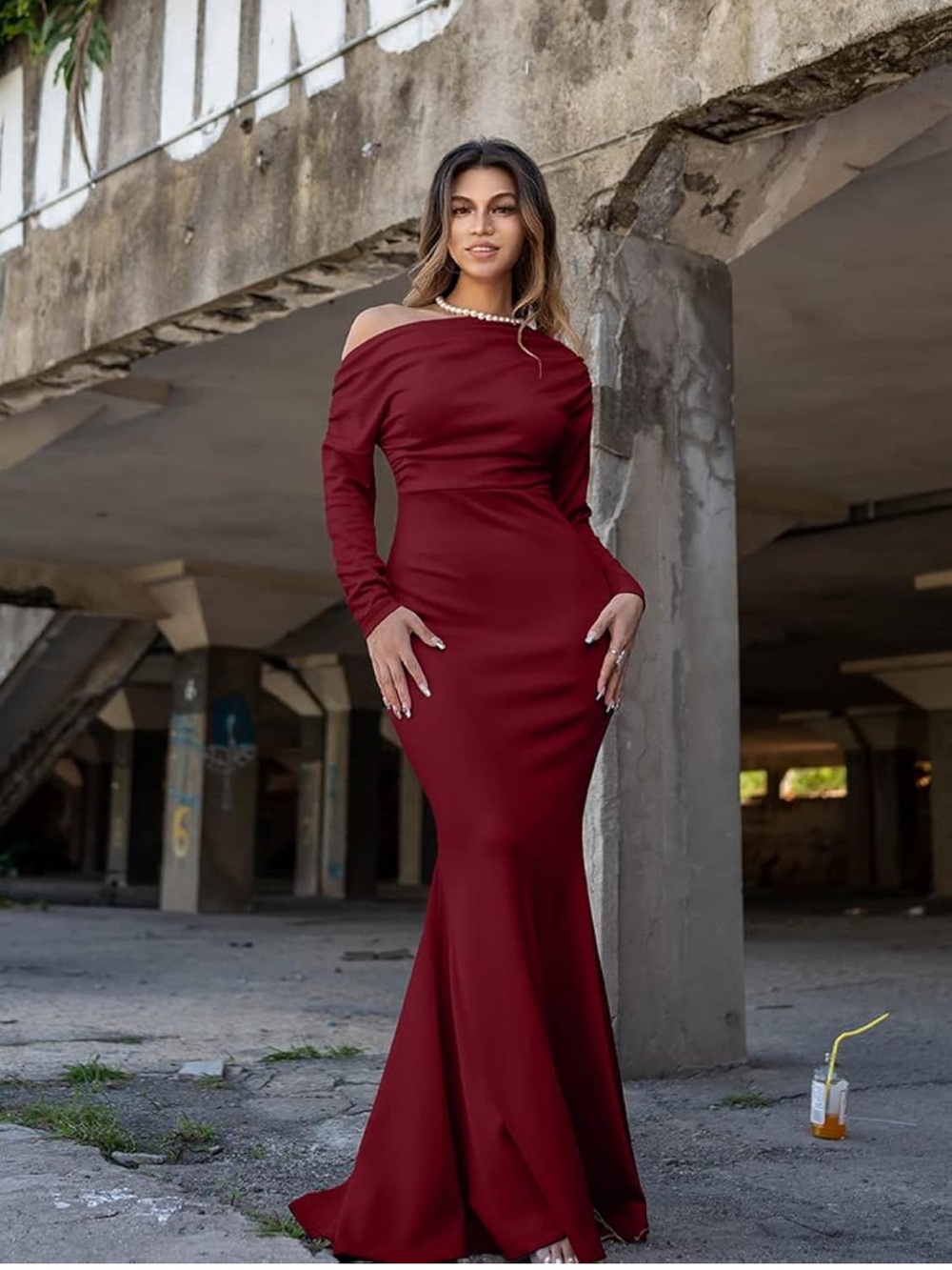 Elegant Off-Shoulder Burgundy Evening Gown